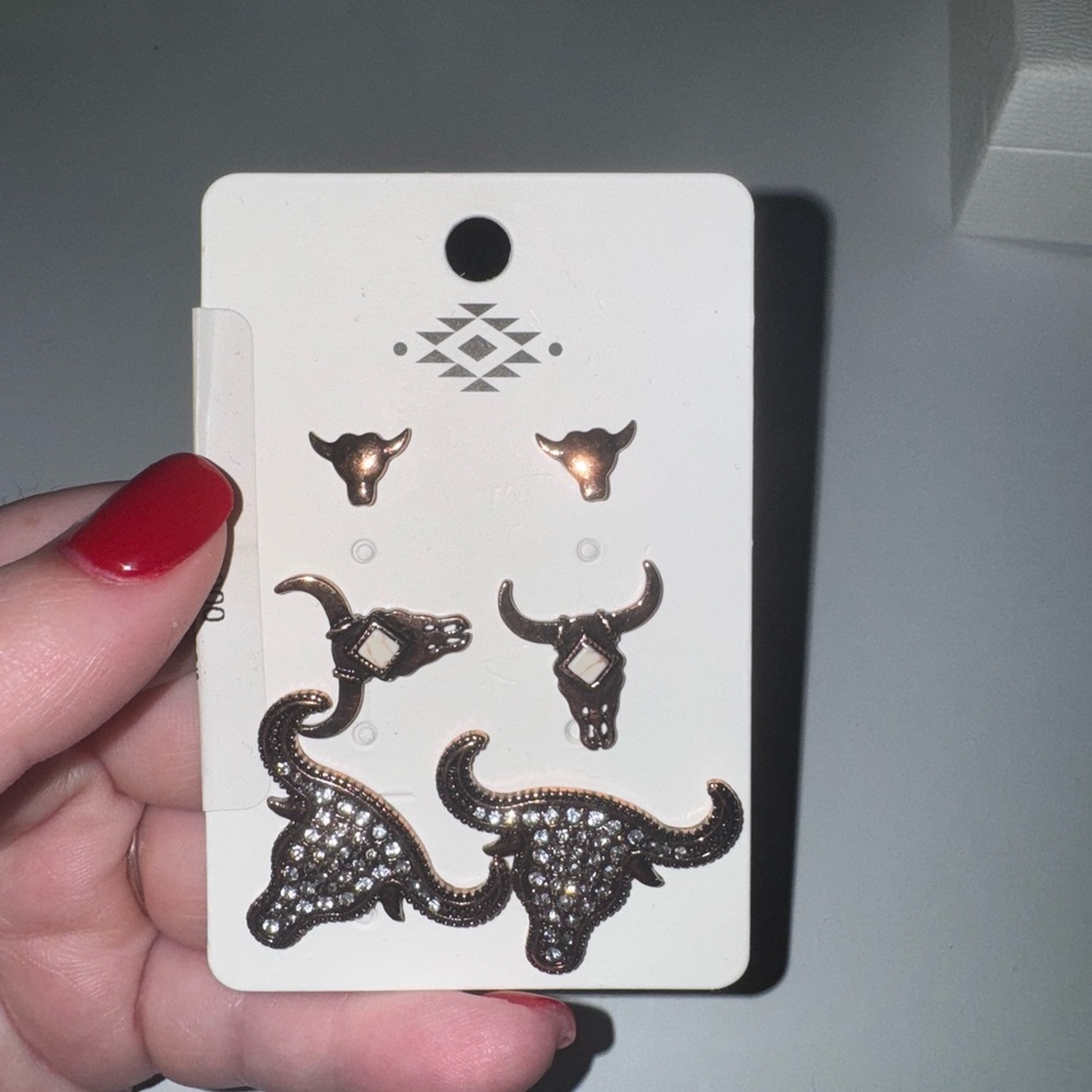 Bronze Bull Skull Earrings Set